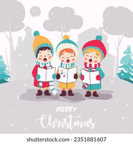 Vector illustration Christmas card illustration of children singing holiday songs outside near Christmas tree. Ready-made template of greeting picture for new year in flat style