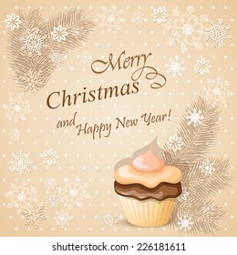 vector illustration christmas card with cupcake - eps10