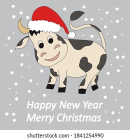 Vector illustration of Christmas card with cute cow calf in Santa Claus hat and snowfall.Symbol of New Year 2021.Isolated elements