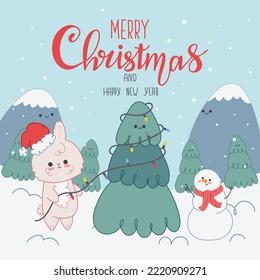 Vector illustration Christmas card with cute rabbit and snowman decorate the Christmas tree .Winter landscape with lettering