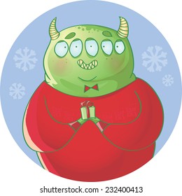 Vector illustration christmas card with cute green monster with a present