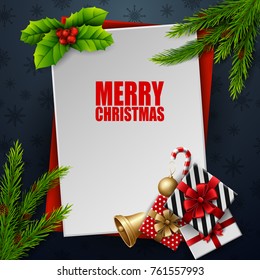 Vector illustration of Christmas card with fir tree branches and gift boxes on blue background