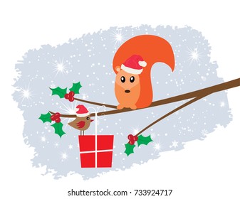 vector illustration of Christmas card with funny squirrel in Santa hat, bird, present