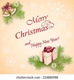 vector illustration christmas card with gift and bells - eps10