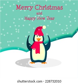 vector illustration Christmas card with a happy penguin in hat