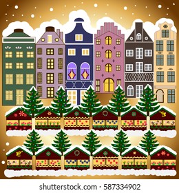 Vector illustration. Christmas card Happy Holidays banner. Flat design. Urban winter landscape. Snowy street.