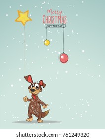 Vector illustration of Christmas card , happy santa dog with  New year branches 
