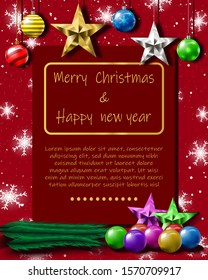 Vector illustration of a Christmas card, it has red background decorated with many colorful Christmas balls and golden stars, snow and snowflakes. And there is a space to enter text.