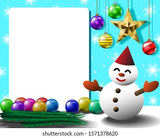 Vector illustration of a Christmas card, it has blue background decorated with many colorful Christmas balls and golden stars, snow, snowflakes and snowman. And there is a space to enter text.