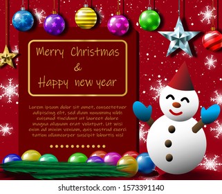 Vector illustration of a Christmas card, it has red background decorated with many colorful Christmas balls and golden stars, snow, snowflakes and snowman. And there is a space to enter text.