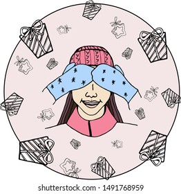 vector illustration. Christmas card, holiday decor element, girl, surprise, joy, gifts, mittens, eyes closed.framed in a circle.