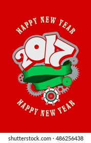 vector illustration Christmas card with the number of years entwined banner and rotating mechanical parts