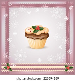 vector illustration Christmas card on the violet background with cupcake - eps10