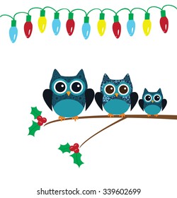 vector illustration of Christmas card with owls