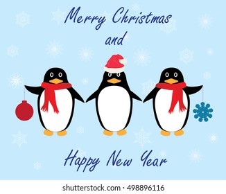 vector illustration of a Christmas card with penguins