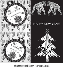 Vector illustration of the christmas card with pine and monkey in zentangle style. Monochrome pic.