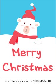 Vector illustration of a Christmas card with a polar bear in a red scarf and hat and the inscription "Merry Christmas"