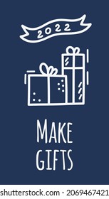 Ilustración vectorial de una tarjeta de Navidad con regalos de Navidad. Cartel estilo Doodle, versión plana en forma de líneas. Regalos con arcos en envases limpios para niños y adultos. 