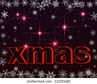 Vector illustration. Christmas card with red word XMAS and light,  snowflakes.