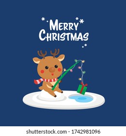 Vector illustration Christmas card with Reindeer in winter season.