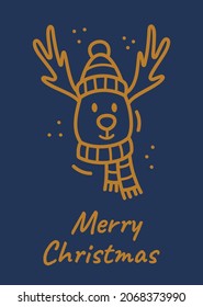 Vector illustration of a Christmas card with a reindeer. Doodle style poster.