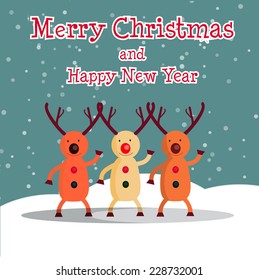 vector illustration Christmas card with reindeer funny dances