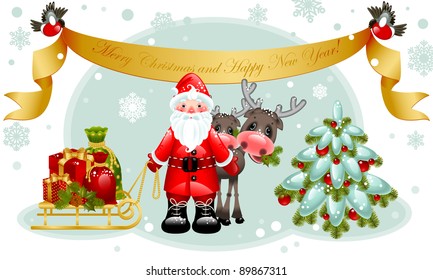 Vector illustration - christmas card. Santa claus with gifts, snowman, deer and christmas tree. Banner Merry Christmas and happy new year