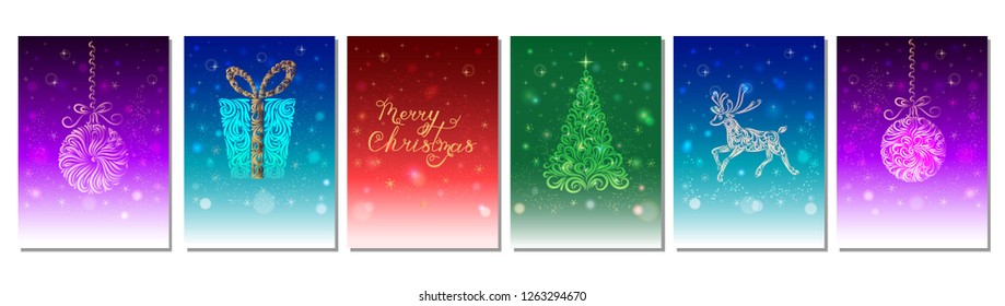 Vector illustration. Christmas card set. Multicolored stylized cards with the image of Christmas tree, reindeer, Lettering merry Christmas, gift, Christmas balls. Happy New Year. Snowflake. Brilliance