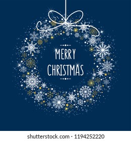 Vector illustration of Christmas card with shining snowflakes, snow, stars, glitter and wishing text. New Year greeting card. Christmas shine effect. Winter background for banner, poster, cases.