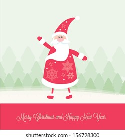 Vector illustration for christmas card. Snow landscape background with santa claus.