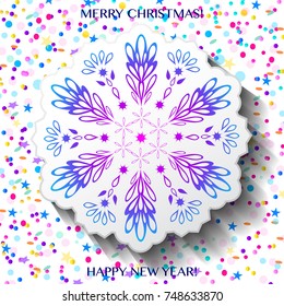 Vector illustration of Christmas card with snowflake and confetti