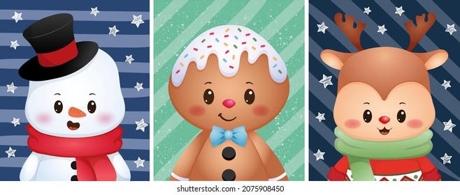 Vector Illustration Of Christmas card with snowman, deer and gingerbread man