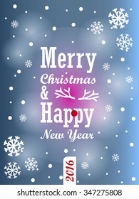 Vector illustration: Christmas Card with text "Merry Christmas & Happy New Year", snowflakes and bauble on colorful background