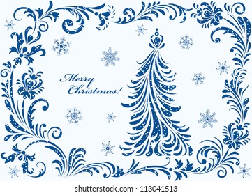 Vector illustration of christmas card with tree and abstract plant