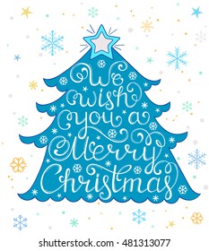 Vector illustration of Christmas card with tree and snowflakes