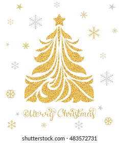 Vector illustration of Christmas card with tree and snowflakes
