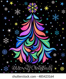 Vector illustration of Christmas card with tree and snowflakes