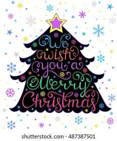 Vector illustration of Christmas card with tree and snowflakes