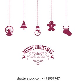 Vector Illustration of a Christmas Card with Various Hanging Christmas Ornaments