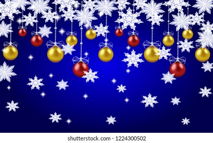 Vector illustration of a Christmas card with white carved snowflakes and Christmas balls on a blue background.