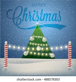 Vector illustration Christmas card, winter snowy street in new year's eve is the Christmas tree, the holiday of New year and Christmas and fireworks, above the inscription merry Christmas