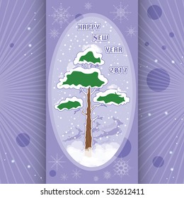 Vector illustration of the Christmas card with a winter tree, deers, snowflakes.