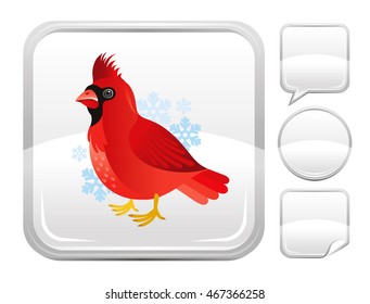 Vector illustration of christmas cardinal bird with snowflakes icon. Blank button form set - square, speaking bubble, circle, sticker.
