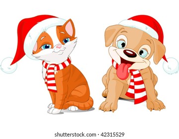 Vector illustration of Christmas cartoon puppy and kitten