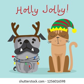 Vector illustration of christmas cat and dog with Christmas and new year greetings. Cute pets with holiday hats