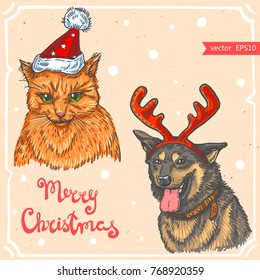 Vector illustration of christmas cat, christmas dog,text Merry Christmas on the background with abstract paper texture. Cat in Santa's hat,german shepherd with deer horns, sketch.Linear art 