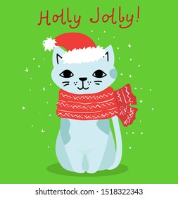 Vector illustration of christmas cat with Christmas and new year greetings. Cute pet with holiday hat