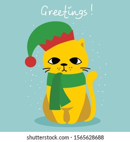 Vector illustration of christmas cat with Christmas and new year greetings. Cute pet with holiday hats