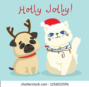 Vector illustration of christmas cat and pug dog  with Christmas and new year greetings. Cute pets with holiday hats