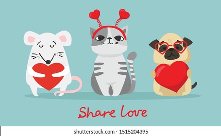 Vector illustration of christmas cat, rat and dog with Christmas and new year greetings. 